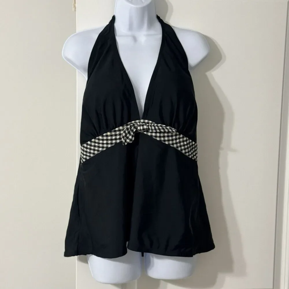 Black Halter Tankini Swimsuit Top With Gingham Patterned Tie Detail